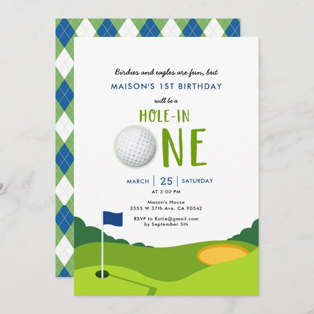 Trou en un Golf 1er Anniversaire Invitation (Devant / Derrière)
