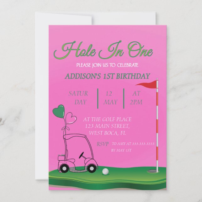 Trou en un Golf 1ère fille Anniversaire Invitation (Devant)