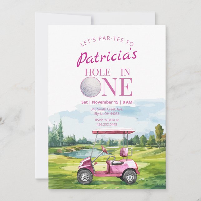 Trou en un rose Golf 1er anniversaire Invitation (Devant)