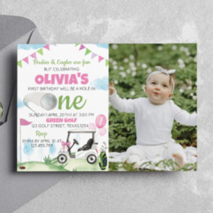 Trou en une fille rose 1er anniversaire Invitation
