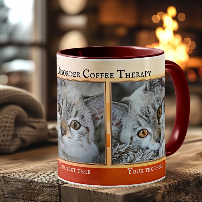Trouble du chat Obsessif Thérapie du café Mug (Mug featuring your funny cat photos framed by an orange striped design with gold - cat lover gift)