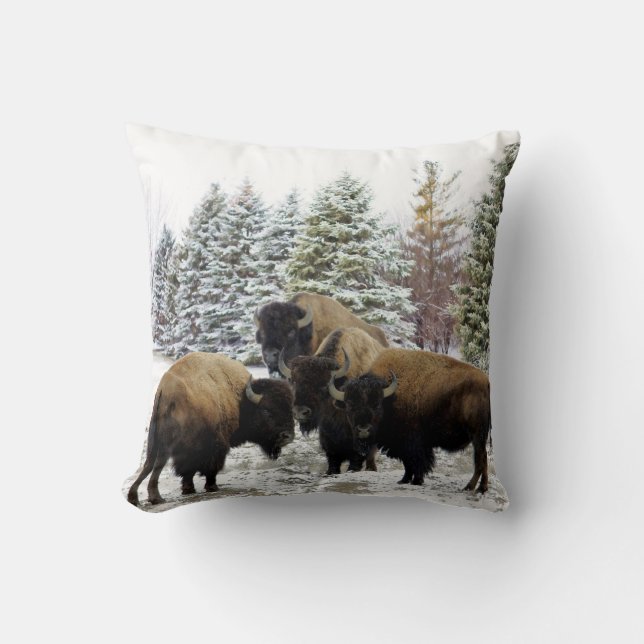Troupeau de bison en hiver Coussin décoratif de ne (Recto)