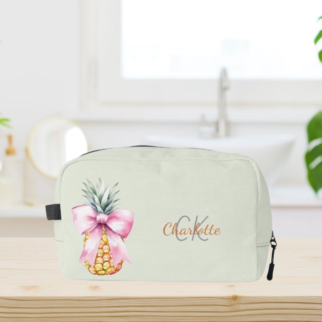 Trousse De Toilette Ananas à ruban rose tropical monogramme vert sauge (Créateur téléchargé)
