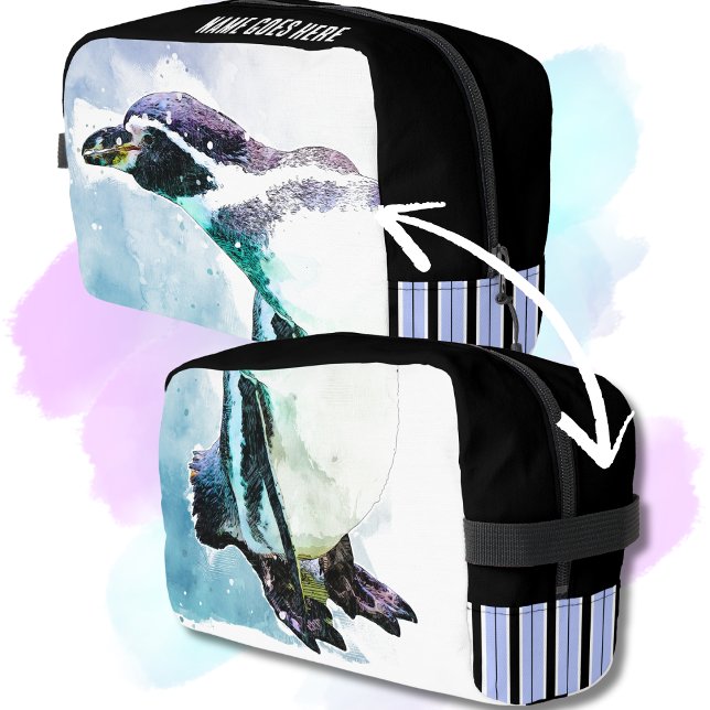 Trousse De Toilette Aquarelle bleu et noir de pingouin (Cute Penguin Watercolor Style Custom Name Toiletry Bag is perfect for travel, vacation, or every day)