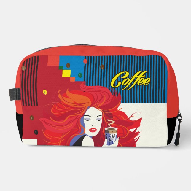 Trousse De Toilette "Belle Femme de mode avec Café Cup" Pop Art (Recto)
