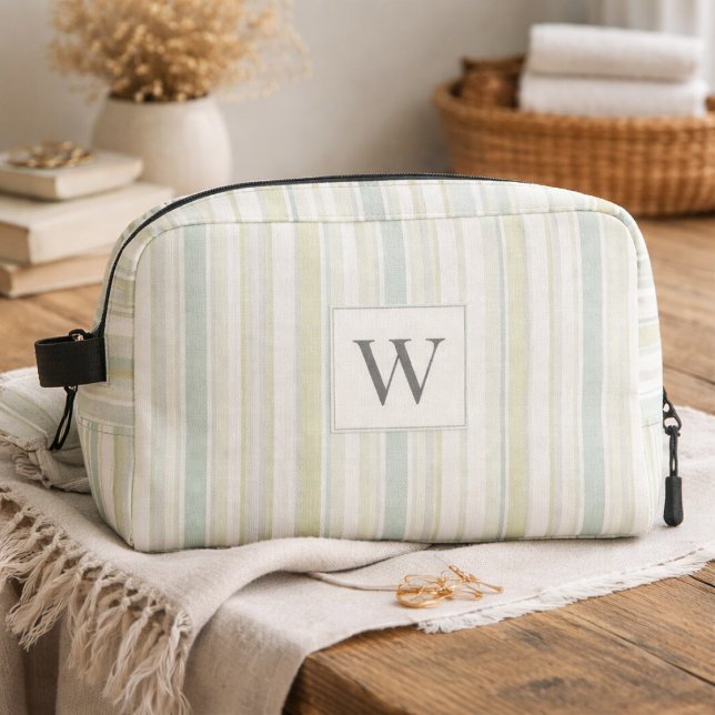 Trousse De Toilette Bleu Poussiéreux Neutre Initial Rayure Rustique Fe (Créateur téléchargé)