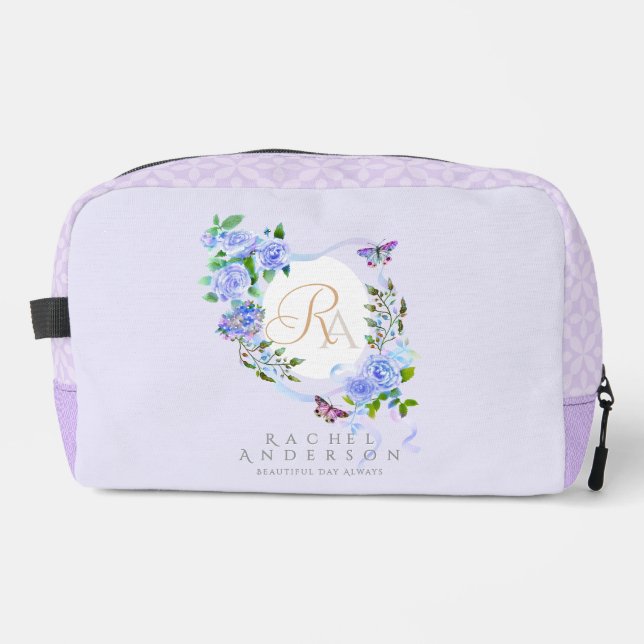 Trousse De Toilette Bleu Rose ruban Monogramme Violet Impression Coupe (Recto)