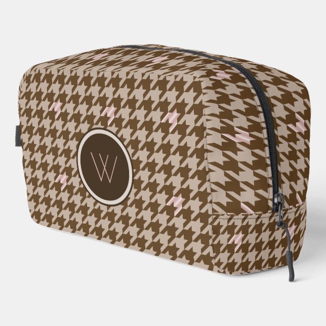 Trousse De Toilette Brun avec accent de ton rose Houndstooth (Coin droit)