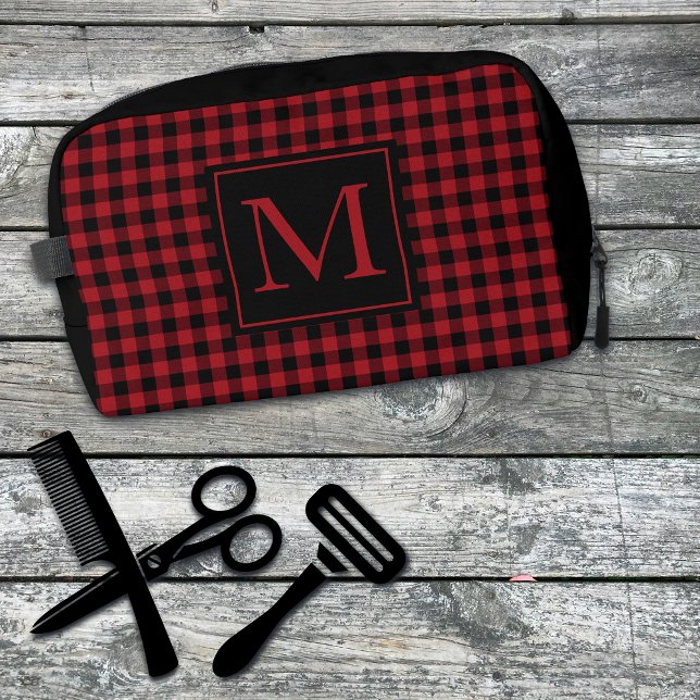 Trousse De Toilette Buffle Rouge Et Noir Plaid Monogramme Personnalisé (Créateur téléchargé)