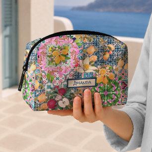 Trousse De Toilette Carreaux Floraux Citronnés Siciliens Bleu Rose Chi