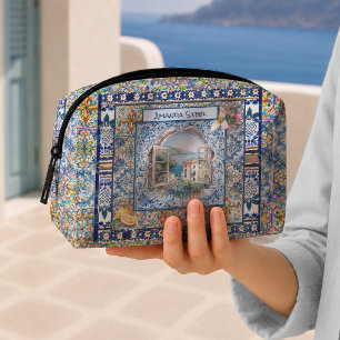 Trousse De Toilette Chic Carreaux Bleus Italiens Monogramme Floral Cit
