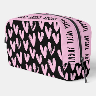 Trousse De Toilette Coeurs Roses Sur Noir Avec Nom Personnalisé