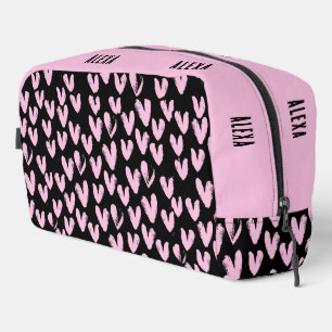 Trousse De Toilette Coeurs Roses Sur Noir Avec Nom Personnalisé