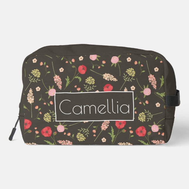 Trousse De Toilette Custom Name Brown Red Pink Floral Pattern (Verso)