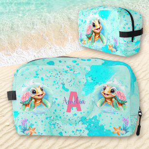 Trousse De Toilette Cute Happy Turtle Girl Ocean Turquoise Rose Nom