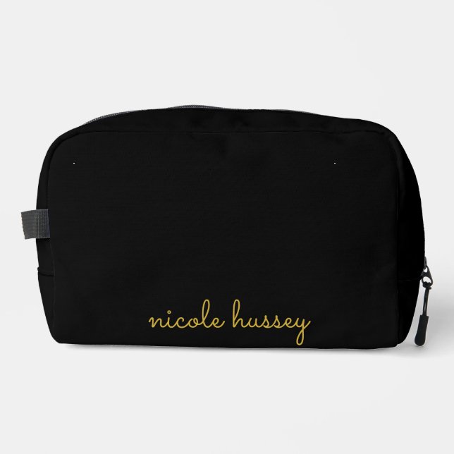 Trousse De Toilette Écriture noire et or | Monogramme moderne élégant (Recto)