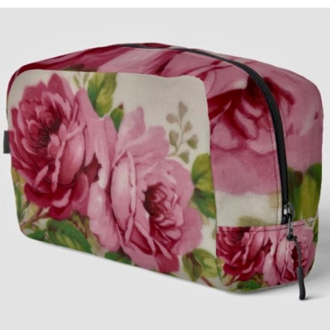 Trousse De Toilette Élégance Rose Vintage  (D: 9.5"x8"x3.75"  Two-interior mesh pockets - one zippered and one elastic.  Carry-handle. )