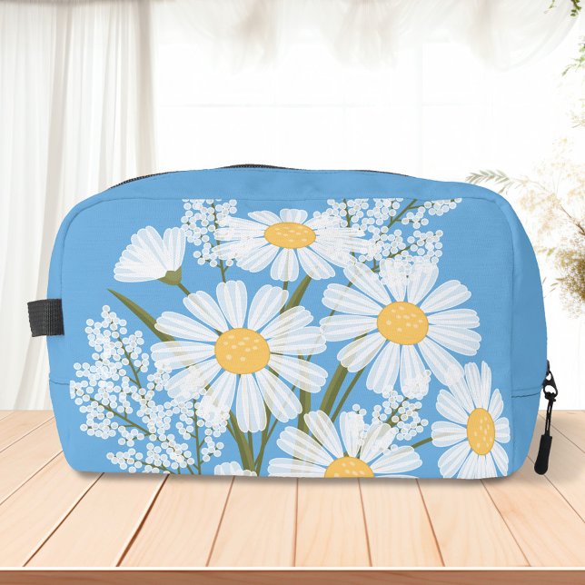 Trousse De Toilette Elégante marguerite florale blanche sur bleu (Créateur téléchargé)