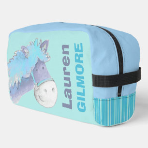 Trousse De Toilette Filles nom mignon poney aquarelle bleu aqua