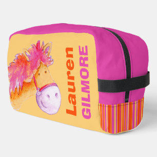 Trousse De Toilette Filles nom mignon poney aquarelle orange rose