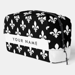 Trousse De Toilette Fleur de Lis, Blanc sur Noir, Blanc, Votre Nom