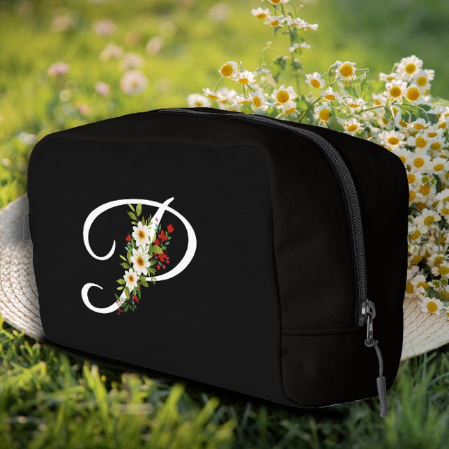 Trousse De Toilette Fleur rouge initiale de monogramme classique, cade (Créateur téléchargé)