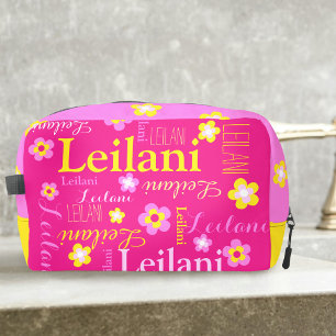 Trousse De Toilette Fleur typographique de nom personnalisé rose