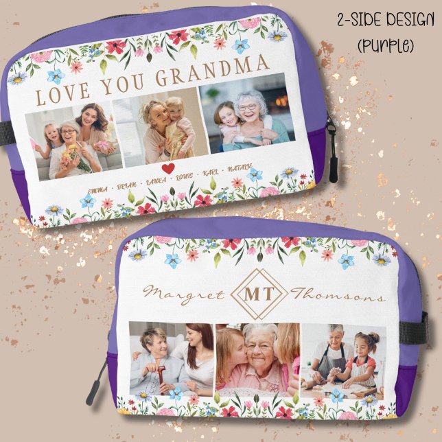 Trousse De Toilette Floral Custom Text Monogramme Famille Photo Kit Do (Unique mother's day gift to every mom, practical and personalized; you may add photos, name and text)