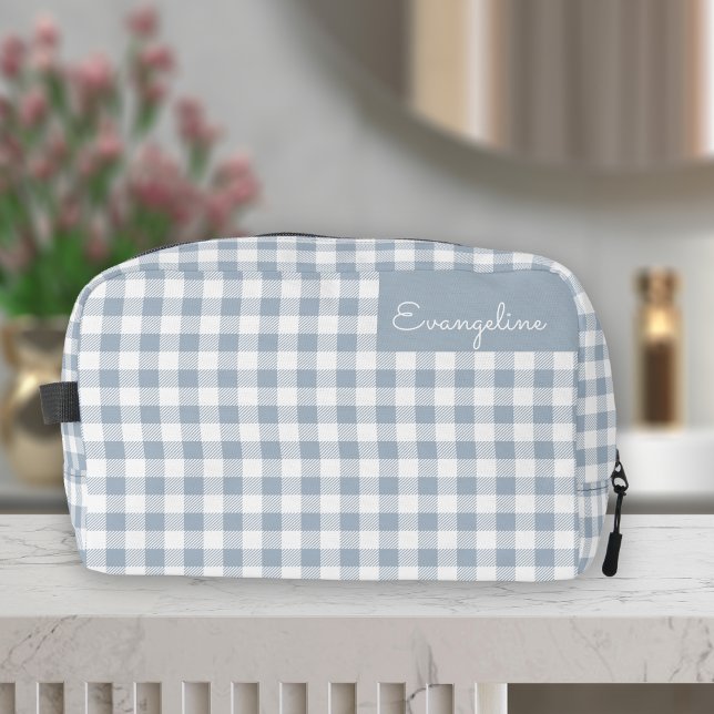 Trousse De Toilette Gingham Pattern Plaid Preppy Check Blue White Name (Créateur téléchargé)