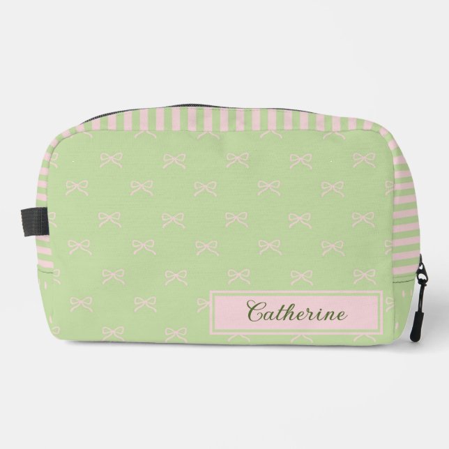 Trousse De Toilette Green Pink Stripe Bow Pattern Coquette Cosmetic (Recto)