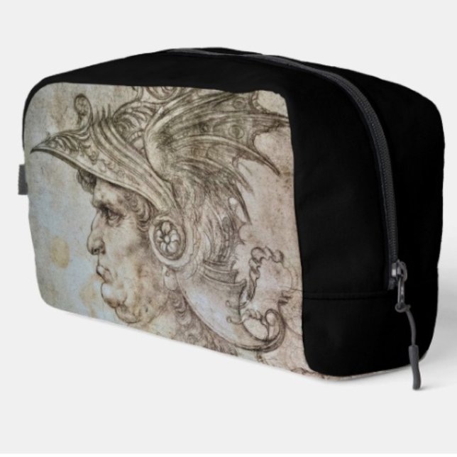 Trousse De Toilette Guerrier casqué de Léonard (Da Vinci’s Ancient Warrior Sketch toiletry bag with sturdy polyester fabric with a zippered closure.)
