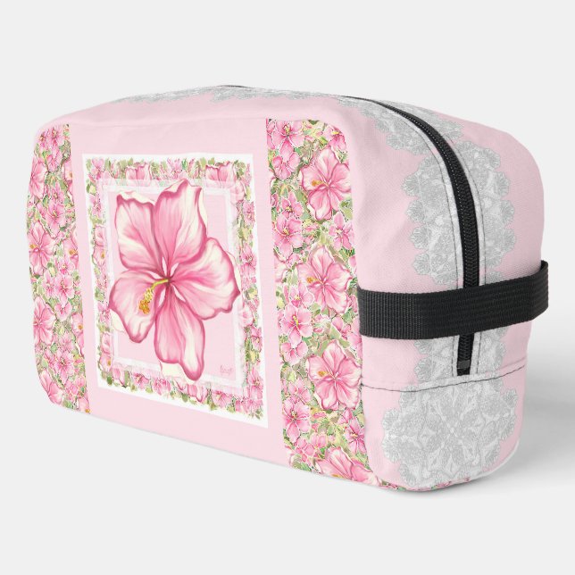 Trousse De Toilette Hibiscus & dentelle PINK (Coin gauche)