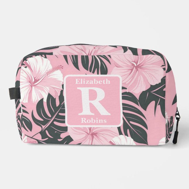 Trousse De Toilette Hibiscus rose tropical personnalisé Monogramme (Recto)