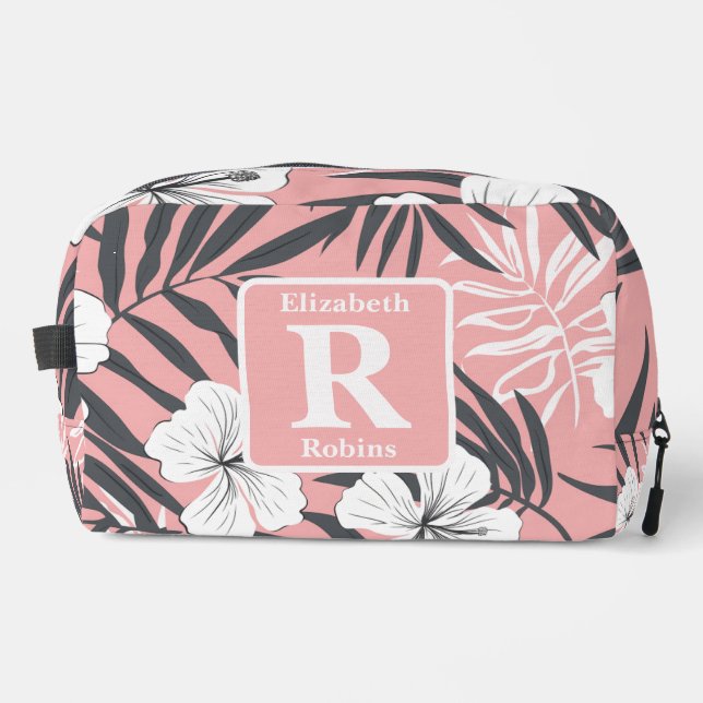 Trousse De Toilette Hibiscus rose tropical personnalisé Monogramme (Recto)