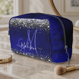 Trousse De Toilette Joli bleu royal argent faux paillettes monogramme