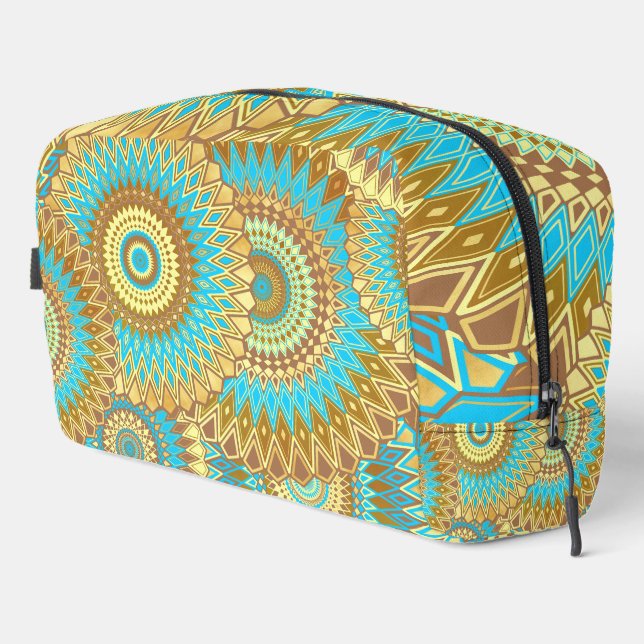 Trousse De Toilette Mandala superposé bleu marron or (Coin droit)