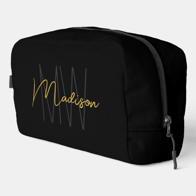 Trousse De Toilette Moderne Monogramme Nom Script Noir Or (Coin droit)