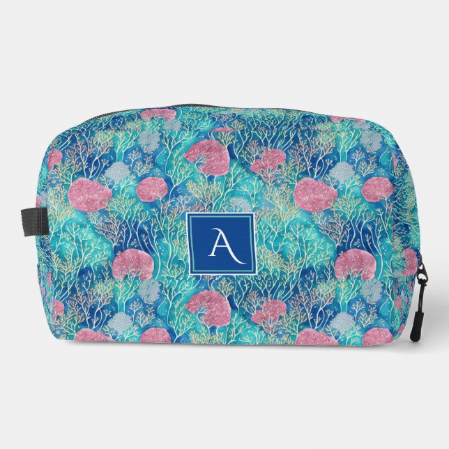 Trousse De Toilette Monogramme aquarelle corail océan bleu rose tendan (Recto)