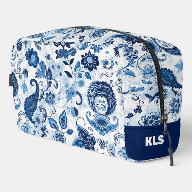 Trousse De Toilette Monogramme floral bleu et blanc Paisley Personnali (Coin droit)