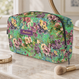 Trousse De Toilette Monogramme motif floral vert violet vintage