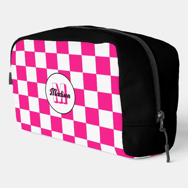 Trousse De Toilette Monogramme rétro géométrique rose blanc à carreaux (Coin droit)