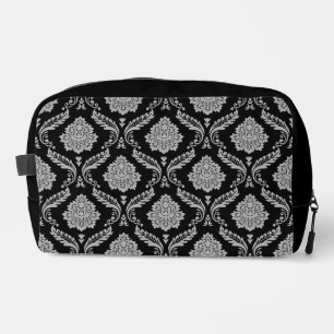 Trousse De Toilette Motif Damassé Rococo Gris sur Fond Noir