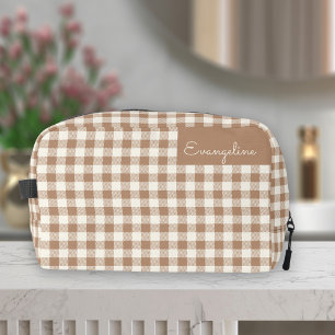 Trousse De Toilette Motif Gingham Carreaux Vichy Marron Nom