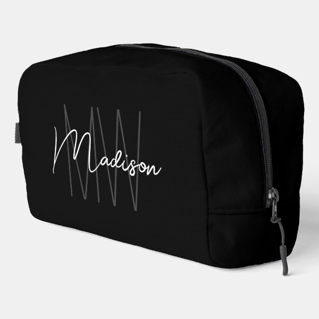 Trousse De Toilette Nom de script de monogramme moderne noir et blanc (Coin droit)