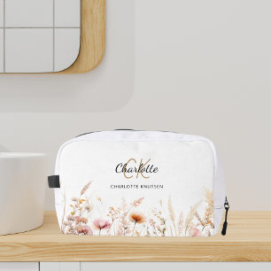 Trousse De Toilette Nom monogramme fleur sauvage beige rose