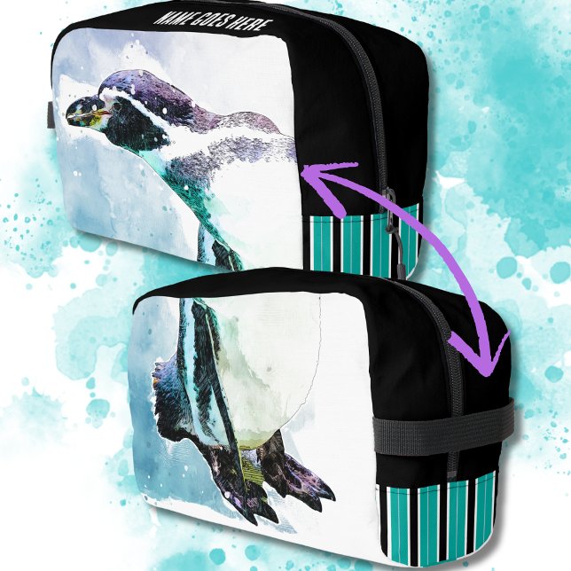Trousse De Toilette Pingouin mignon noir et Turquoise Aquarelle Voyage (Cute Penguin Watercolor Style Custom Name Toiletry Bag is perfect for travel, vacation, or every day)