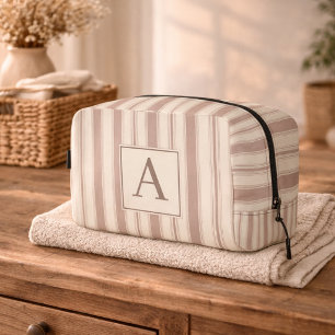 Trousse De Toilette Rayure rustique initiale beige et taupe de ferme