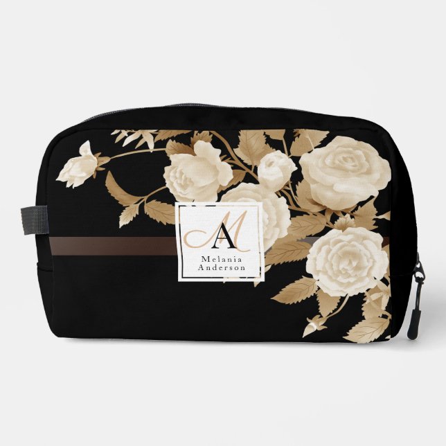 Trousse De Toilette Rose Noir Monogramme Élégant Doré (Recto)