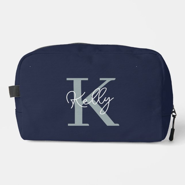 Trousse De Toilette Script Monogramme bleu marine moderne (Recto)