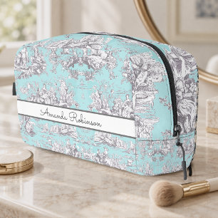 Trousse De Toilette Toile de Jouy florale vintage aqua bleu monogramme